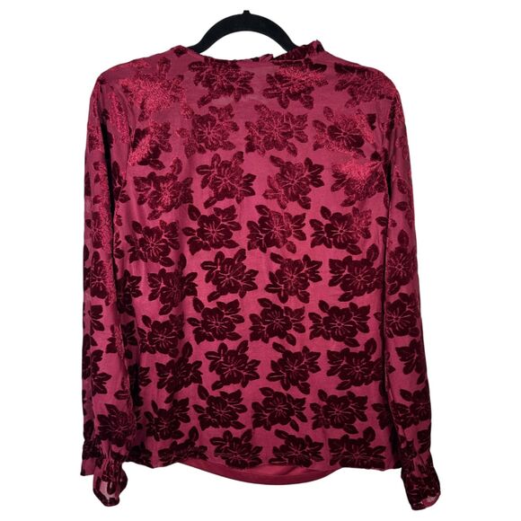 Marc New York Andrew Marc Burgundy Burnout Velvet Floral Button Blouse Large - Picture 6 of 6